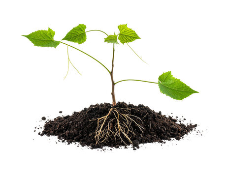Young green plant sprout with visible roots in dark soil isolated on white background, realistic grapevine seedling for gardening, agriculture growth, ecology, and spring planting mockup