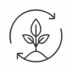 Line art icon of a young plant growing from soil with circular arrows symbolizing growth cycle and renewal.