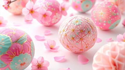 おひな祭り　手まりのオーナメントと桃の花の背景