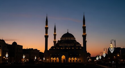 Obraz premium Majestic mosque silhouetted against a vibrant twilight sky, showcasing Islamic architecture and spiritual beauty at dusk, illuminated with decorative lights