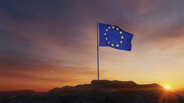 European Union flag flies on a high pole on the edge of high rock hill against sunset sky, part 3