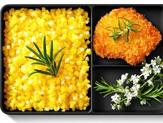 Delicious Crispy Chicken Cutlet with Fluffy Yellow Rice and Rosemary Garnish.