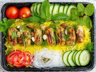 Delicious Grilled Chicken Skewers with Turmeric Rice and Fresh Vegetables.