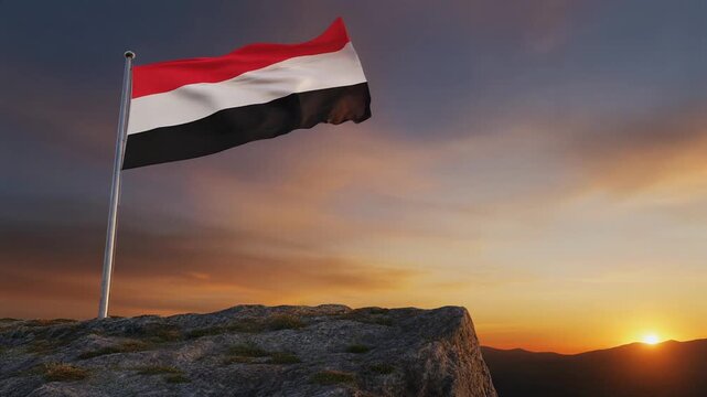 Yemen flag flies on a high pole on the edge of high rock hill  against sunset sky, part 2