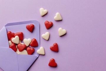 Fototapeta premium Small red and white heart shaped candies spilling out of a lavender envelope onto a solid background