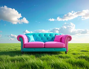 Bold turquoise and pink sofa placed on fresh green grass under a vivid blue sky with soft clouds creating a cheerful and surreal outdoor lifestyle scene