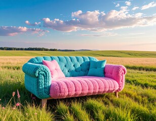 Soft textured turquoise and pink sofa resting in green meadow during warm evening light creating a cozy and whimsical outdoor design mood