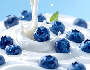 Fresh blueberries splashing in creamy milk with glossy texture and cool tones creating a clean and refreshing food concept scene