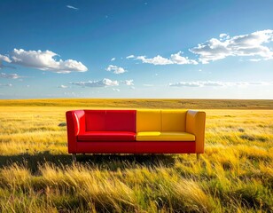 Red and yellow modern sofa placed in golden field under expansive blue sky creating a striking contrast and bold outdoor design concept