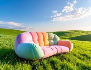 Pastel rainbow sofa with soft rounded forms placed on rolling green hills under clear sky creating a dreamy and playful design landscape
