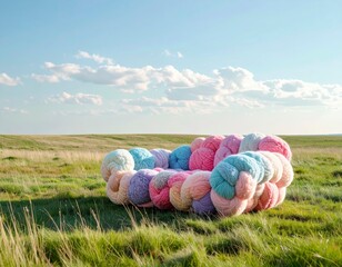 Colorful knitted sofa made of chunky pastel textures resting in open grassland under gentle sky creating a cozy surreal outdoor design scene