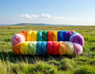 Colorful knitted sofa resting in open green meadow under bright sky creating playful surreal outdoor furniture scene with cheerful handmade texture
