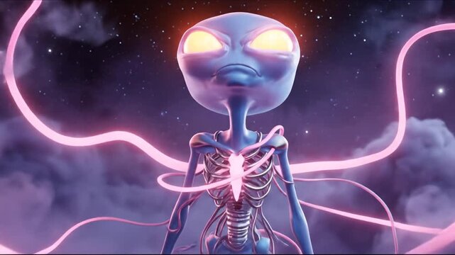 Animated alien character in a dreamy sky with pink energy lines