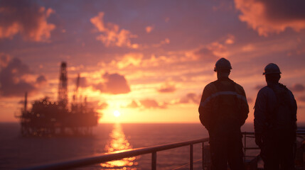 Fototapeta premium Two oil and gas engineers standing on deck of offshore platform during vibrant sunset with dramatic clouds and calm sea
