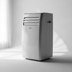 Modern portable air conditioner unit with horizontal louvers, sleek design, and wheels, perfect for cooling any room