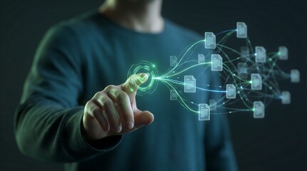 A person interacts with a futuristic glowing network of interconnected data nodes emanating from their fingertip symbolizing digital connectivity high quality professional