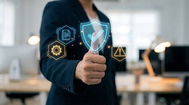 A business professional interacts with holographic digital security icons representing data protection and technological advancements in a modern office high quality detailed
