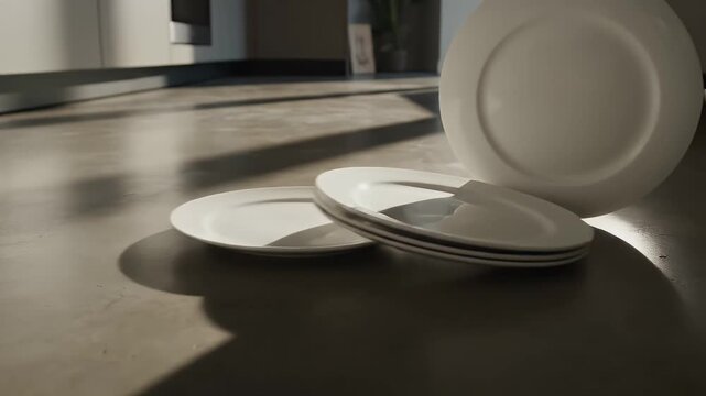 Stack of white dishes on a table with sunlight casting shadows in a modern kitchen interior