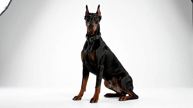 Black and Tan Doberman Pinscher Dog Sitting Quietly in a Studio with White Background