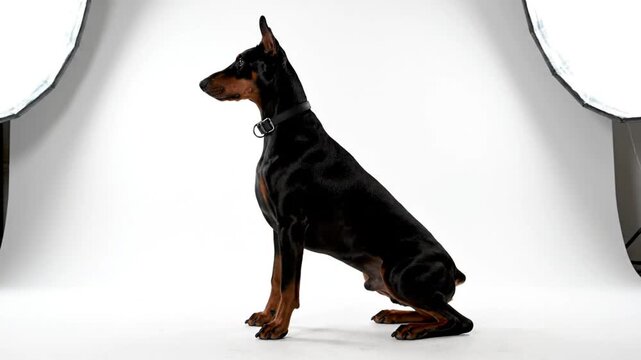 Graceful Doberman Pinscher Dog Posing Confidently in Studio Under Bright Lighting on a Plain White Background