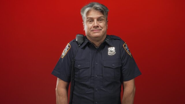 Man police officer middle age grey hair with badge and shoulder radio shrugs shoulders and glances sideways against red backdrop in studio; bemusement duty.