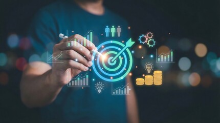 A person is digitally illustrating a target with glowing icons representing business strategy data analysis and team collaboration high quality professional detailed