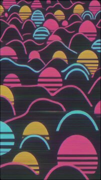 retro geometric shapes, expanding and contracting in rhythmic motion, bold 70s colors