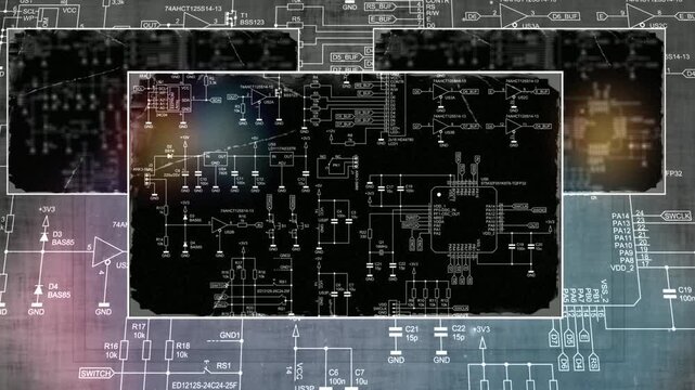 Video animation with schematic diagram of digital electronic device. Drawing electrical circuit with 
integrated circuit, micro controller,
operational amplifier, memory chip, capacitor, resistor.