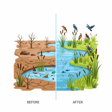 Wetland Ecosystem Comparing Pollution and Drought Versus Healthy Conservation Vector Illustration