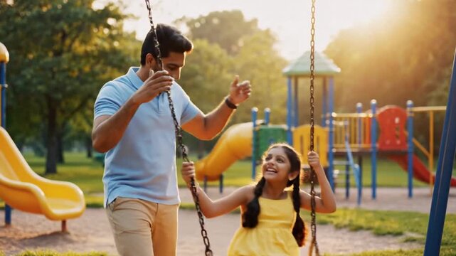 Father pushing daughter on swing set in park