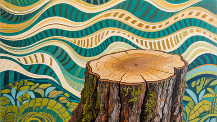 Cut wooden tree stump with growth rings on abstract green and gold wavy painted background, Artistic nature product podium concept