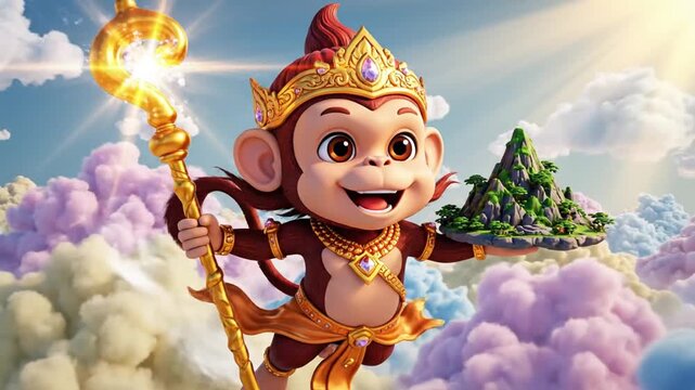 Whimsical flying monkey prince holding a golden staff amidst colorful clouds with a bright sky and mountain in the background