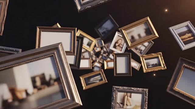 Multiple picture frames floating in the air with various images inside, viewed from above in a dark environment