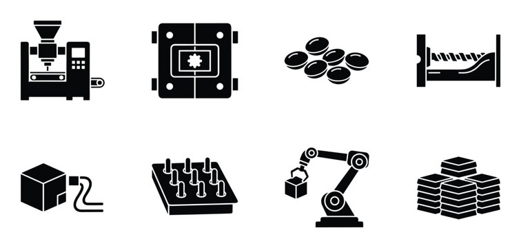Manufacturing machines and industrial automation vector elements isolated on transparent background
