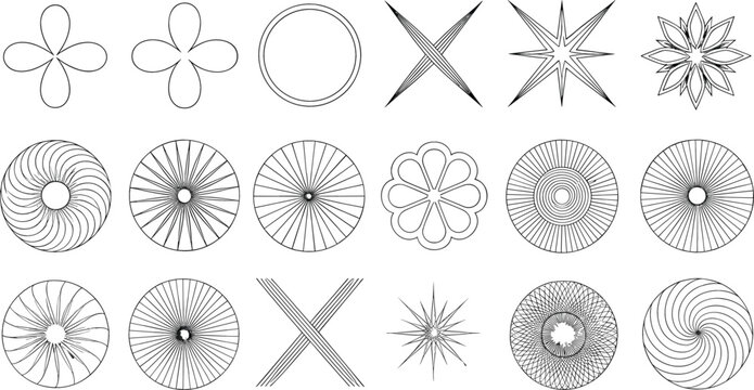 Minimal geometric radial symbol collection with abstract circular patterns starbursts and modern line art designs