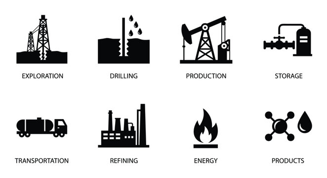 Oil industry stages of production process from exploration and drilling to transportation icons