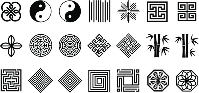Minimal geometric symbol and maze icon collection with yin yang patterns bamboo elements and abstract line art designs