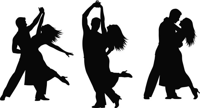 Romantic dancing couple silhouettes showing elegant partner dance, love, passion and emotional connection isolated on white background for creative design