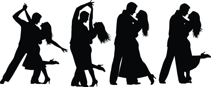 Romantic couple dancing silhouette set showing passion, love and elegant partner dance poses isolated on white background for design use