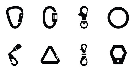 Set of metal carabiner rings and clasps for climbing hiking fastening connection and securing