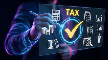 A person interacts with a digital interface displaying tax related icons a checkmark and financial symbols representing successful tax compliance high quality