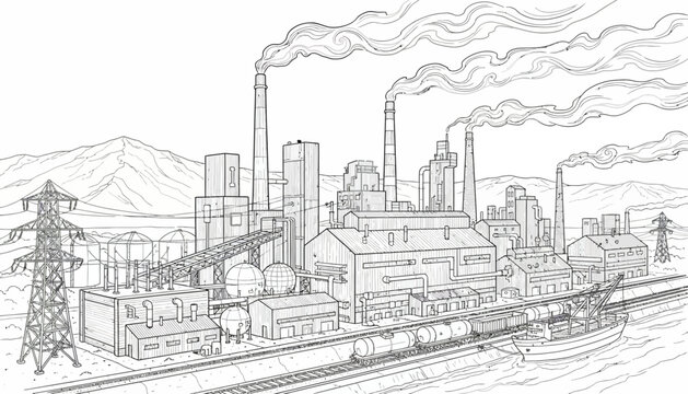Industrial Action Scene, Factories and Ships, Coastal Area, Illustration View
