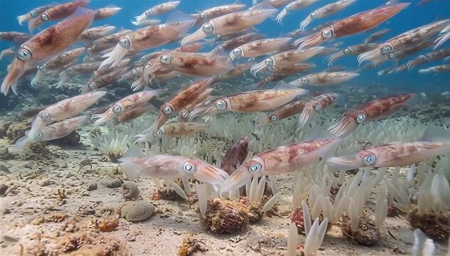 A shoal of squid (Loligo formosana) come to breeding and lay their eggs in cases on the sea floor.