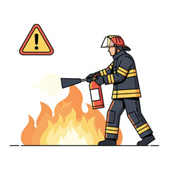 Obraz premium Firefighter using fire extinguisher on flames.