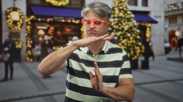 Man with orange glasses and striped polo, hands forming timeout sign in decorated shopping street with christmas tree and wreaths; frustration.