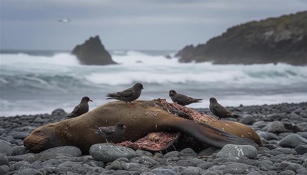 Wilson's storm petrel (Oceanites oceanicus), also known as Wilson's petrel landing from sky and eating a dead sea lion.
