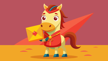 Fototapeta premium Friendly horse character with red envelope and soft golden glow accents