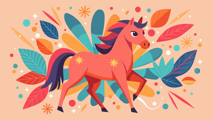 Obraz premium Cute horse surrounded by abstract fireworks shapes, pastel red and gold palette