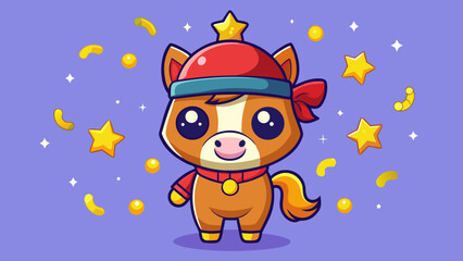 Naklejka premium Chibi horse wearing a tiny festive hat, surrounded by coins and stars