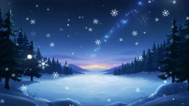 Winter landscape with snowy forest and stars